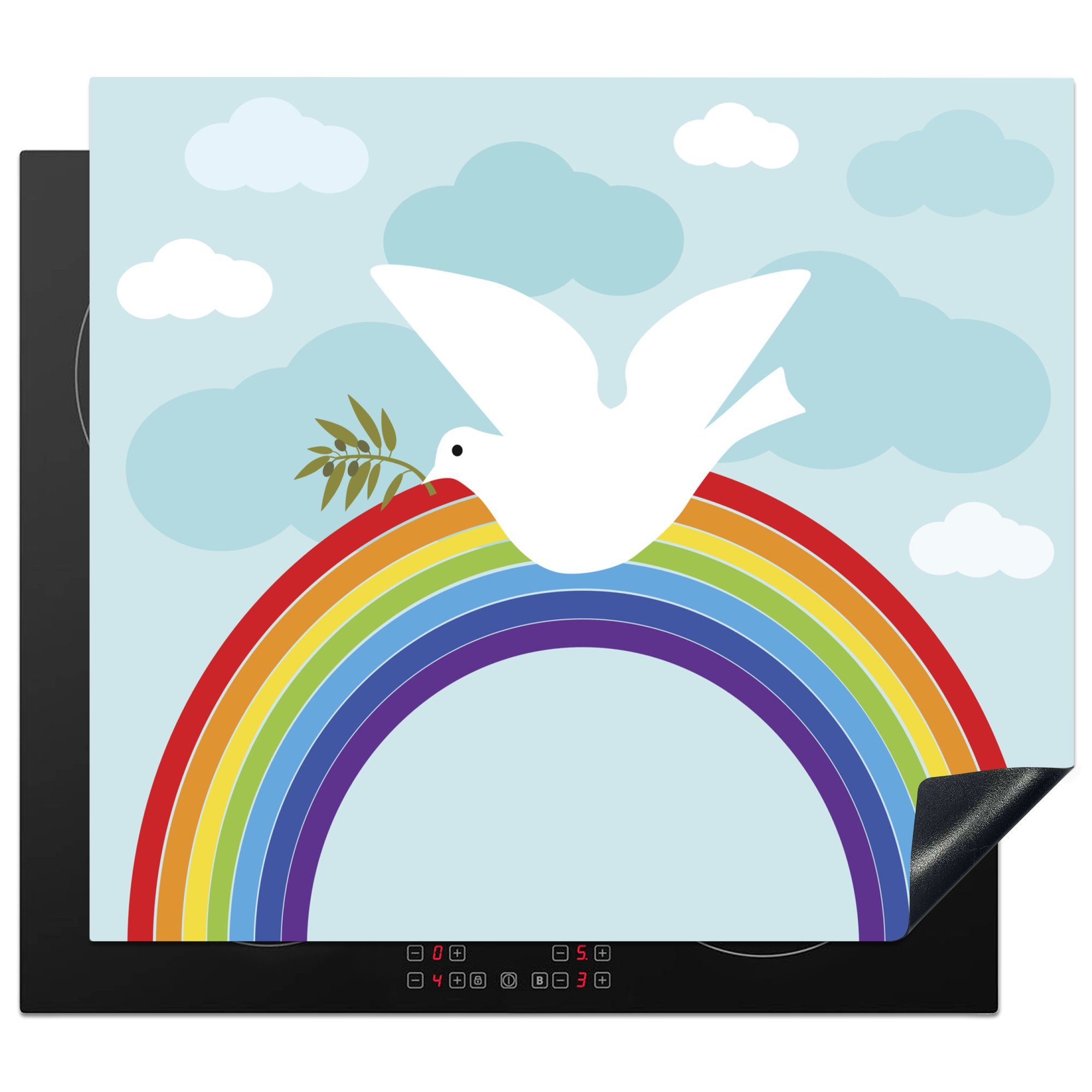 MuchoWow Herdblende-/Abdeckplatte Eine Illustration einer weißen Taube über dem Regenbogen, Vinyl, (1 tlg), 60x52 cm, Mobile Arbeitsfläche nutzbar, Ceranfeldabdeckung