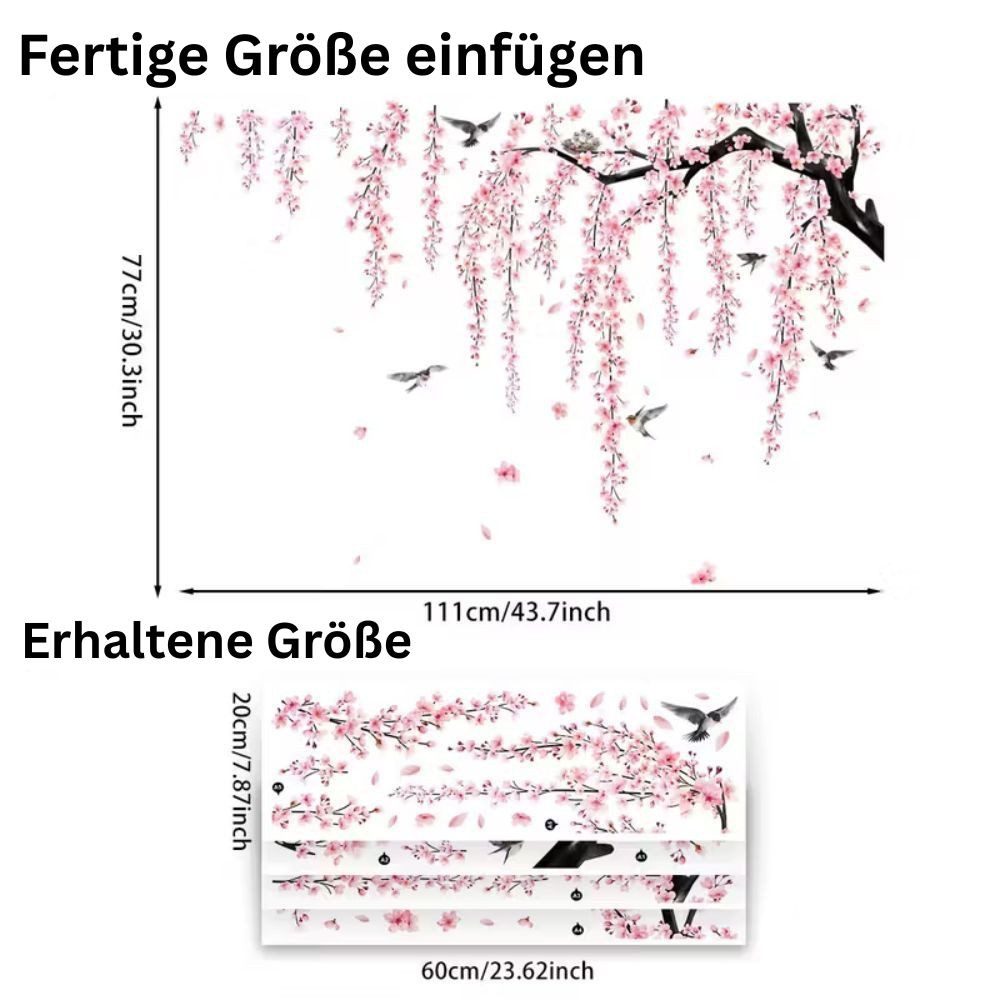 Montegoni Wandsticker XXl Selbstklebende Wandaufkleber Set – Kirschblüten, Vögel & Äste (Set, 4 selbstklebenden Wandaufklebern), Selbstklebend, leicht anzubringen, asiatisches Design mit Kirschblüten