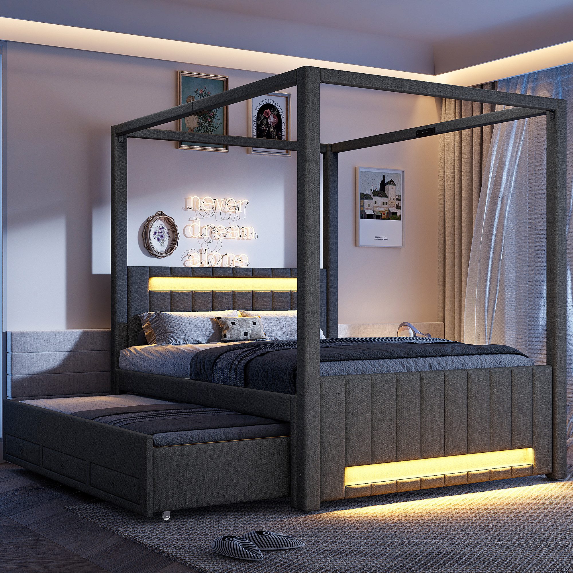 SOFTWEARY Polsterbett mit RGB LED-Streifen und Stauraum (140x200 cm, mit Lattenrost, Kopfteil, Schubladen und Ausziehbett), gepolsterter Kopfteil, Stauraum, Himmelbett, Leinen