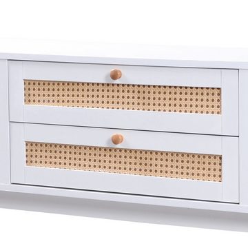 Sweiko Lowboard, TV-Schrank mit 2 Schubladen und 2 Schiebetüren, Rattan-Schubladen, Massivholzfüße, 170 x 39,5 x 46 cm