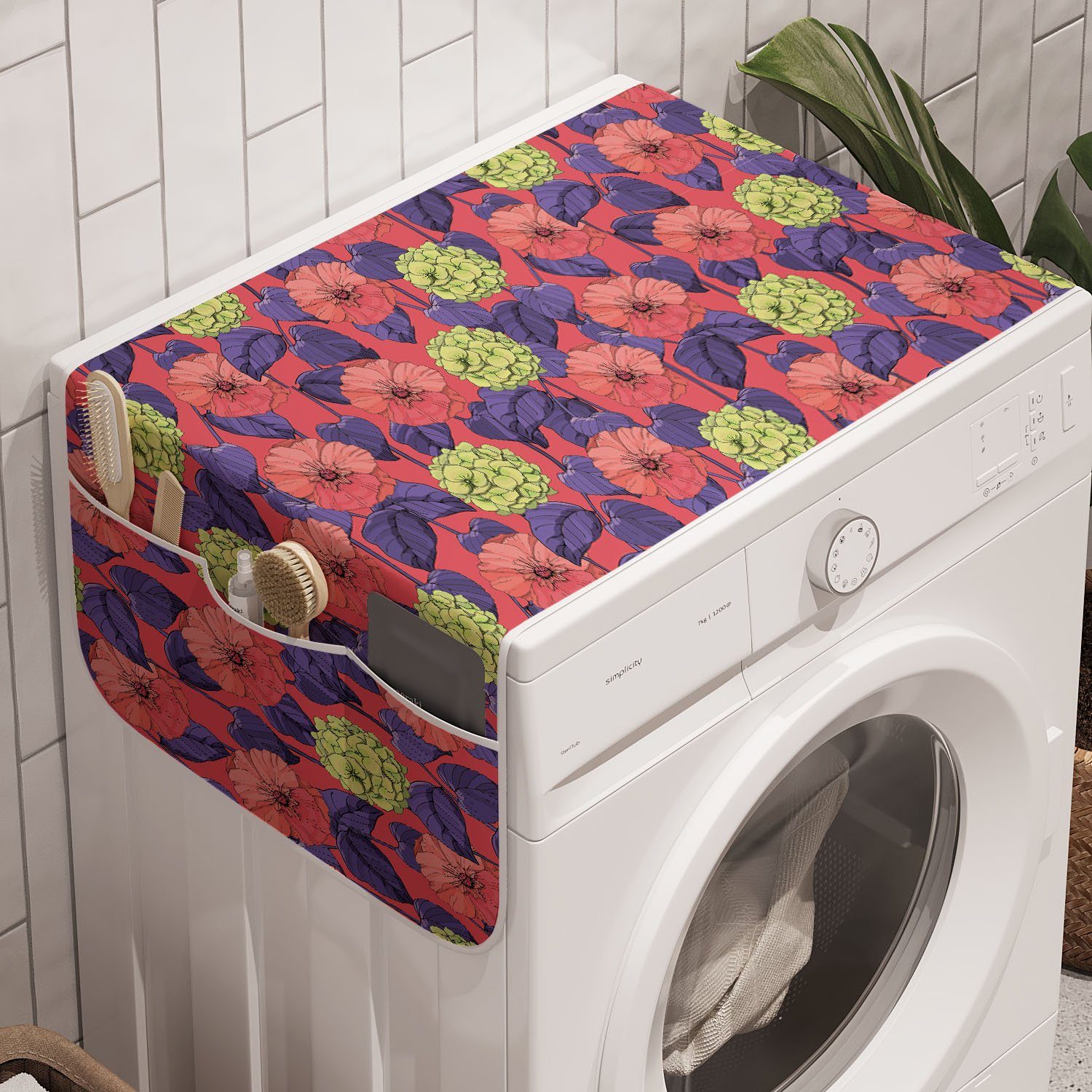 Abakuhaus Badorganizer Anti-Rutsch-Stoffabdeckung für Waschmaschine und Trockner, Blumen Hydrangea und Malvenblüten