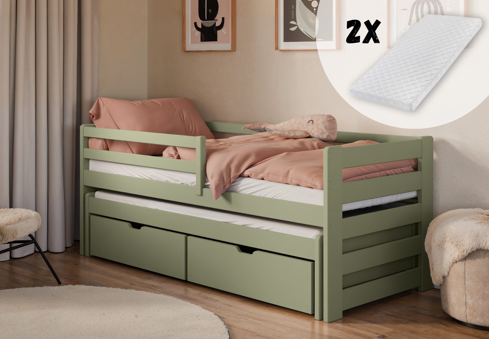 Kids Collective Jugendbett Einzelbett Kinderbett 90x200 cm, Lattenrost, Rausfallschutz Vollholz, 90x200 cm Rausziehbett 90x190 zwei Schubladen und Matratzen Olivgrün