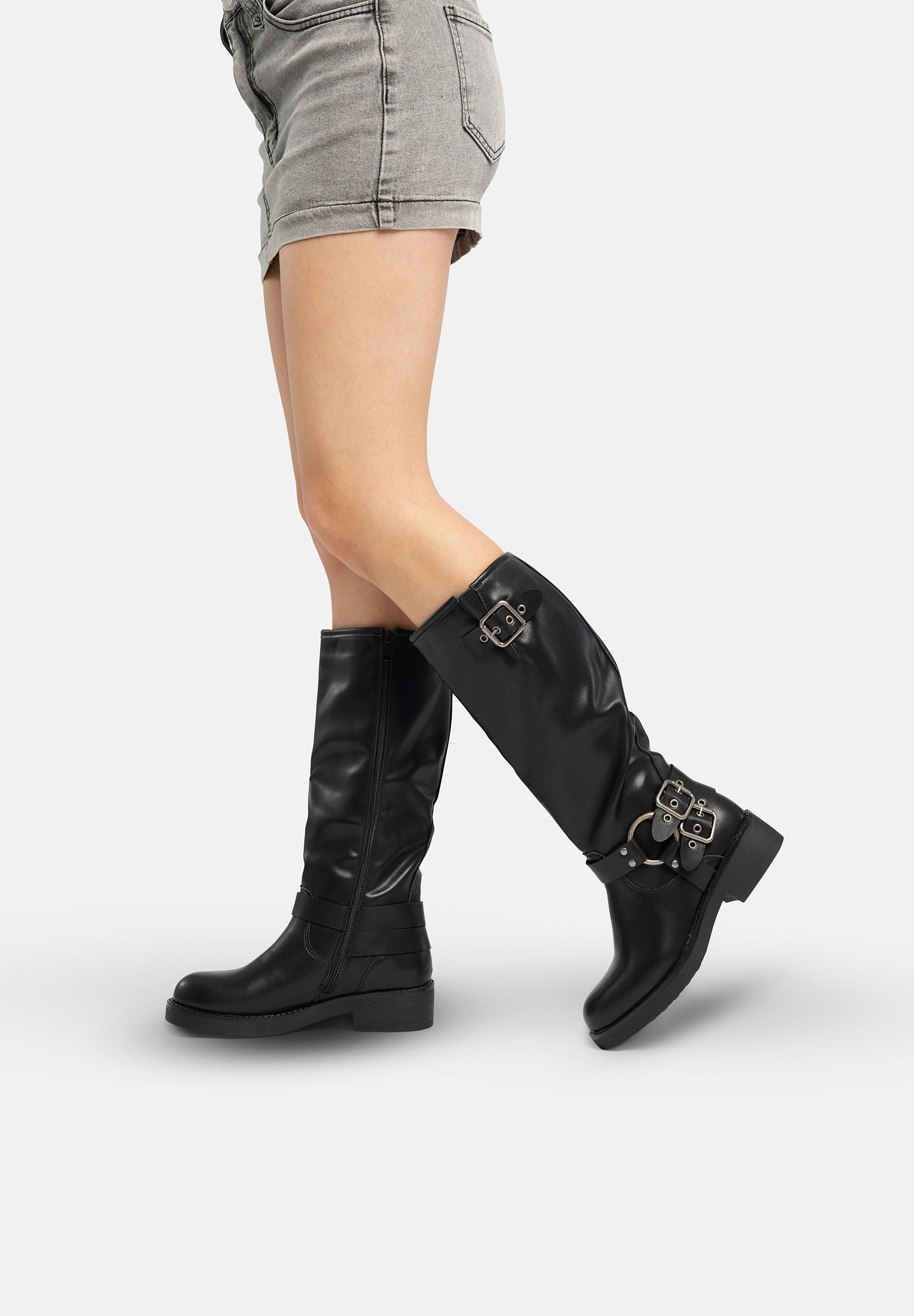 Salinyang Damen Biker Boots in Lederoptik mit Schnallen & Reißverschluss Stiefel – Bild 5 von 5