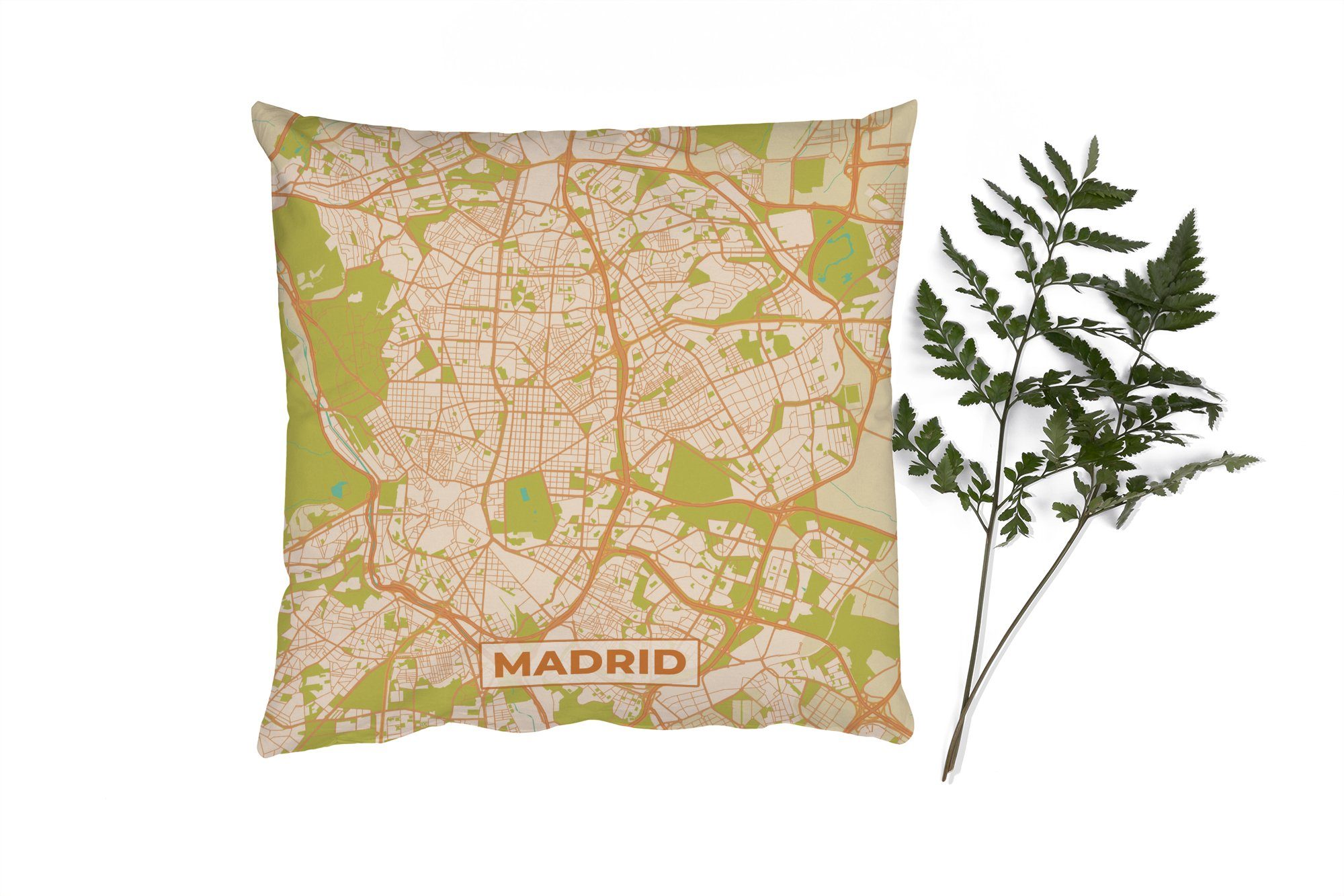 MuchoWow Dekokissen Madrid - Stadtplan - Karte - Vintage, Zierkissen mit Füllung für Wohzimmer, Schlafzimmer, Deko, Sofakissen