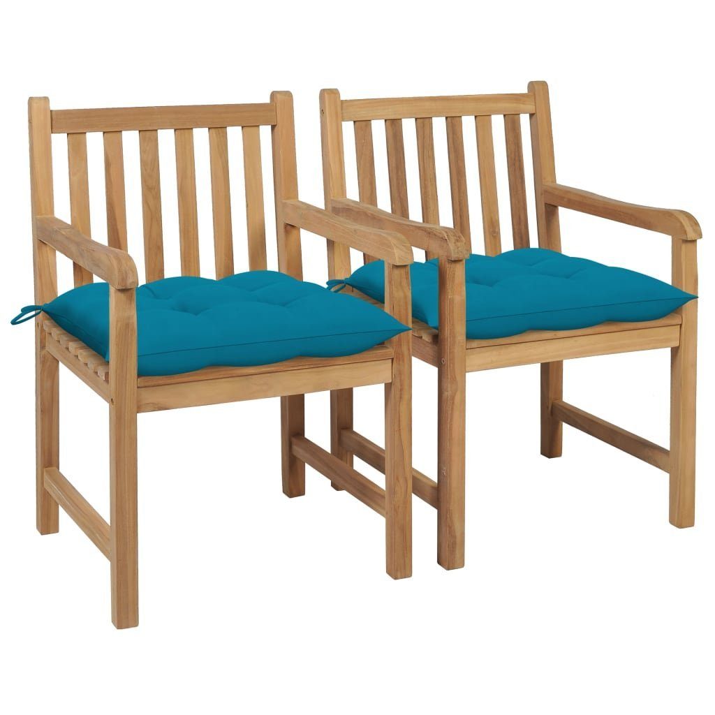 vidaXL Gartenstuhl Gartenstühle 2 Stk. mit Hellblauen Kissen Massivholz Teak (2 St)