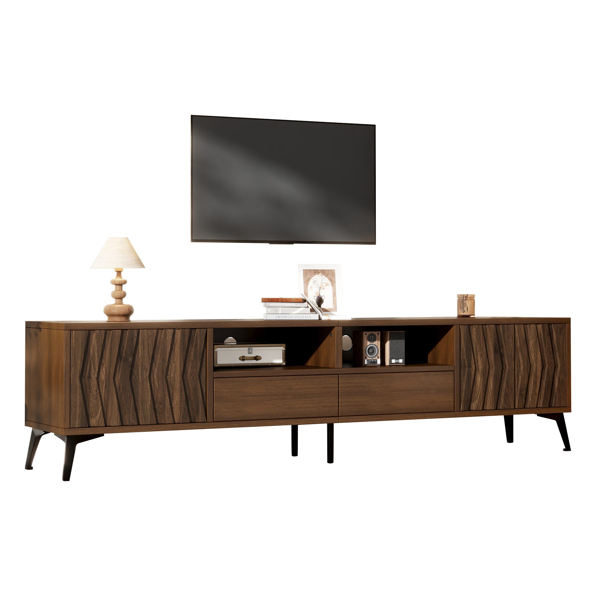 Merax Lowboard mit 2 Türen, 2 Schubladen und 2 offenen Fächern, Retro TV-Board (180 x 35 x 45 cm, 1 St), TV-Schrank Fernsehschrank mit geometrischer Relief-Front & Metallfüßen