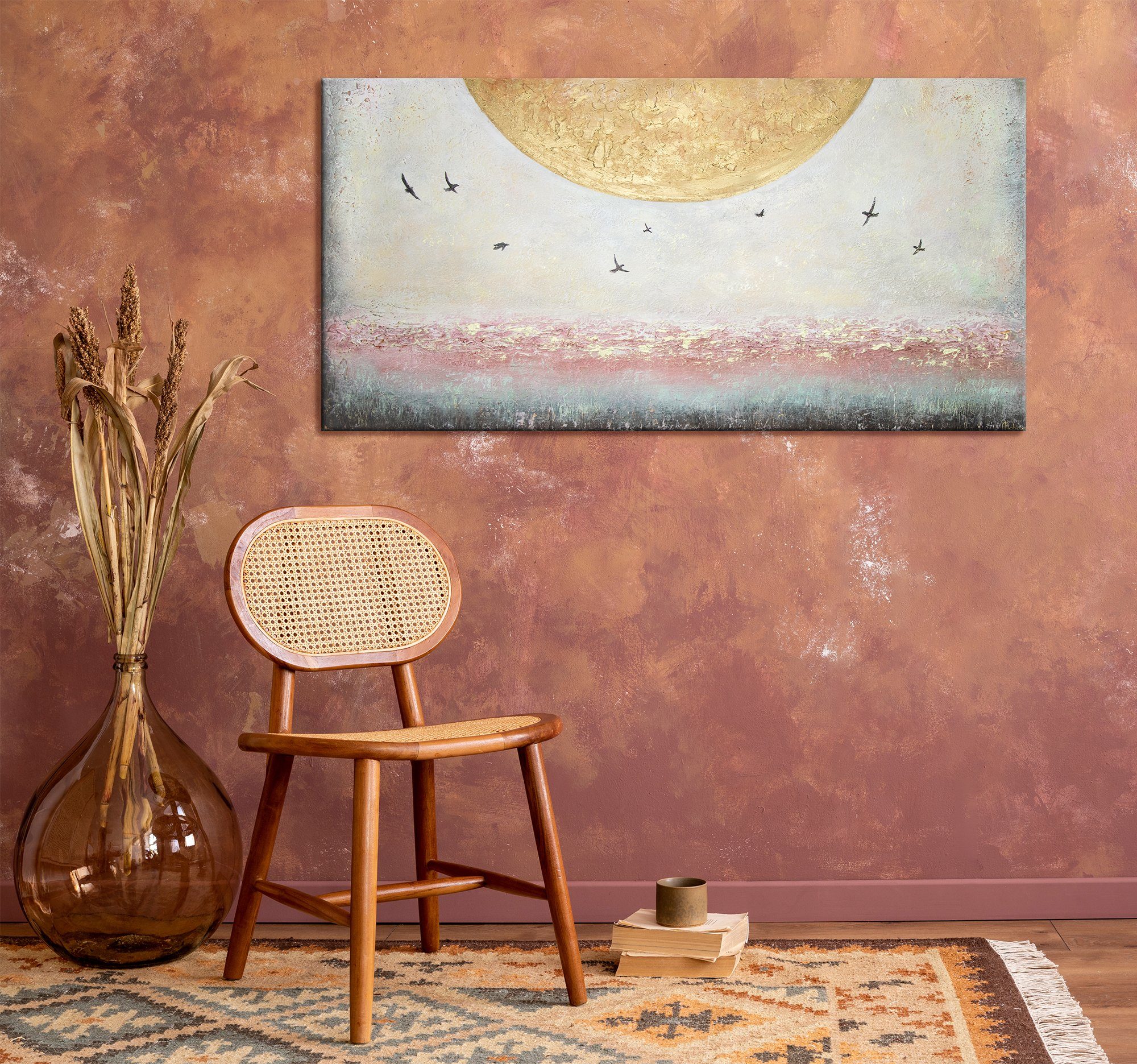 YS-Art Gemälde Gold Leinwand Bild Schattenfugenrahmen Handgemalt Ohne Sonnenenergie, Landschaft, Sonne Süden Vögel