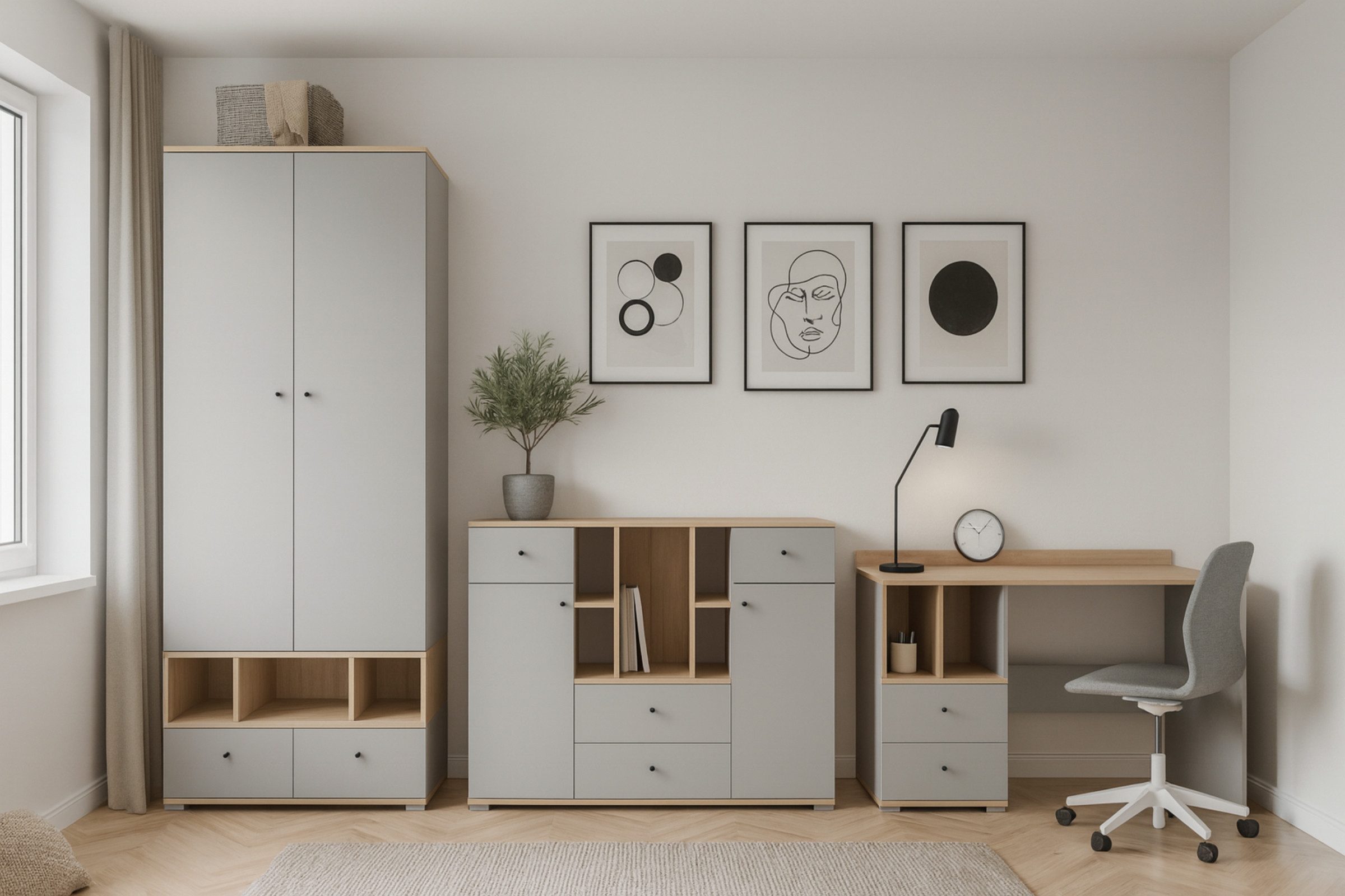 Deine Möbel 24 Jugendzimmer-Set OLAF AA (1+5+4) Kinderzimmer - Set Jugendzimmer, (Set, 3-tlg., Kleiderschrank, Schreibtsich und Kommde Sideboard), OLAF Kollektion Grau Eiche