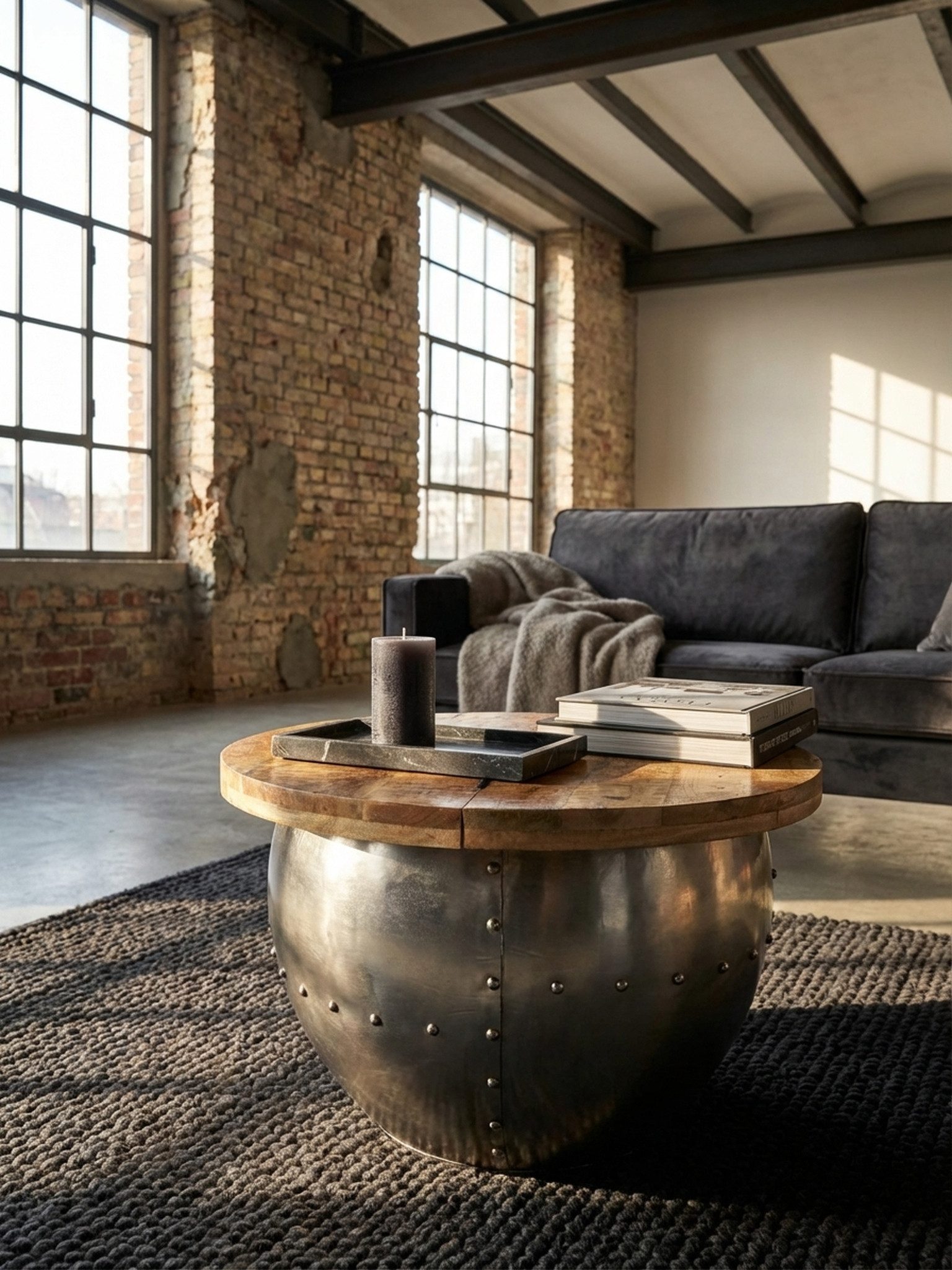 KADIMA DESIGN Couchtisch Couchtisch Mango Massivholz / Metall 60x43x60 cm Industrial Style Rund (Moderner Loungetisch Sofatisch Silber), Design Wohnzimmertisch mit Stauraum