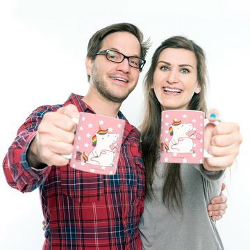 Mr. & Mrs. Panda Kinderbecher Einhorn Näherin - Rot Pastell - Geschenk, Outdoorgeschirr, Kindertass, Kunststoff, Mikrowellenbeständig
