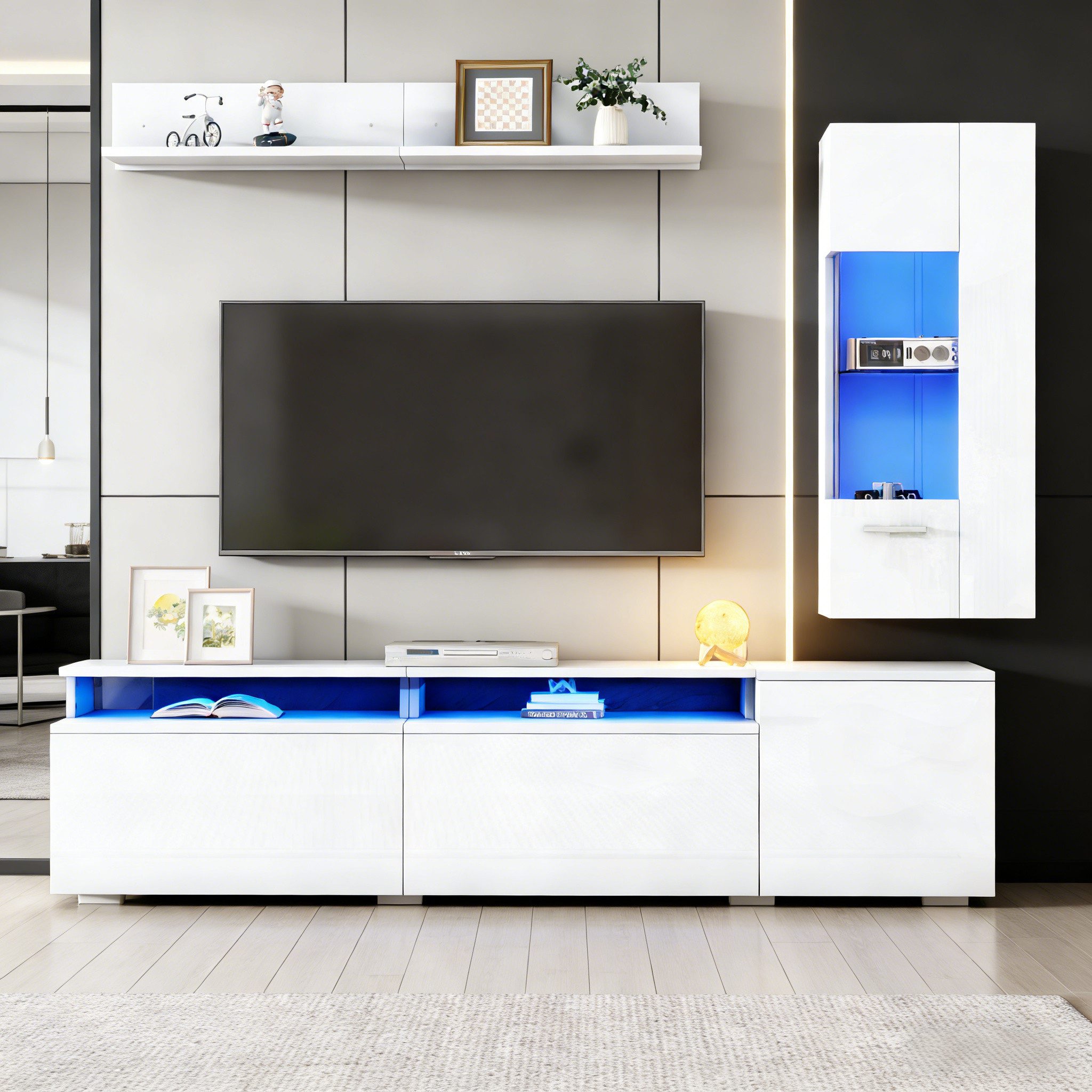 Merax Wohnwand 3-teilig Wohnwand Set mit LED Beleuchtung, (3-St), TV Schrank, Vitrine & Hängeregal, Modulares Wohnzimmer Möbel Set
