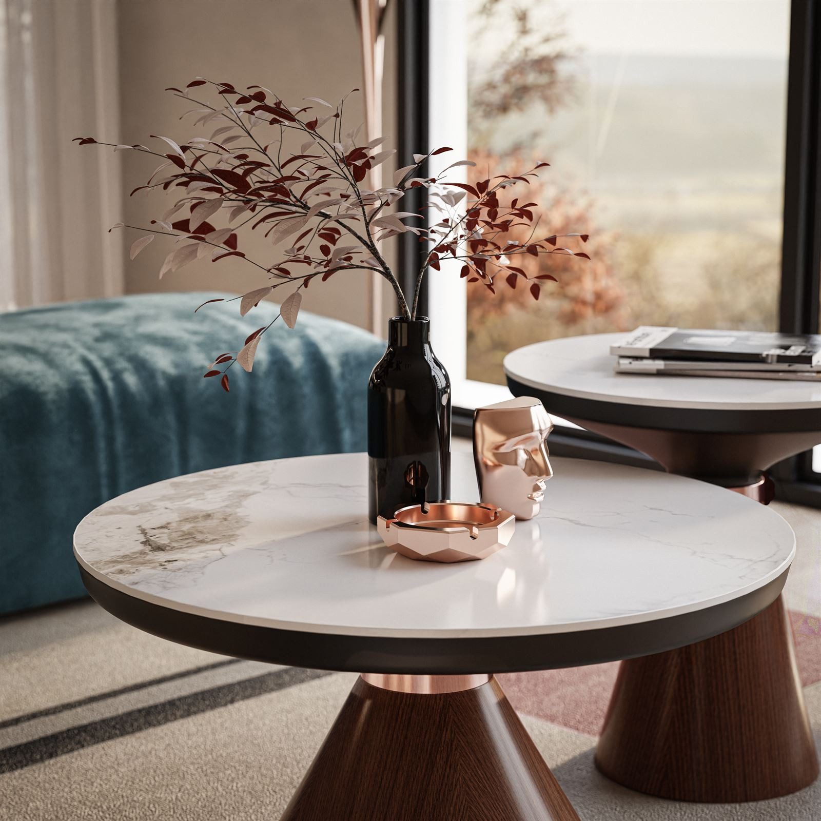 Lookway Couchtisch Giselle II 2-in-1 Couchtisch Set mit Hochglanz-Marmorplatte (2er Set), Durchmesser: ⌀70 cm und ⌀50cm – Bild 4 von 5