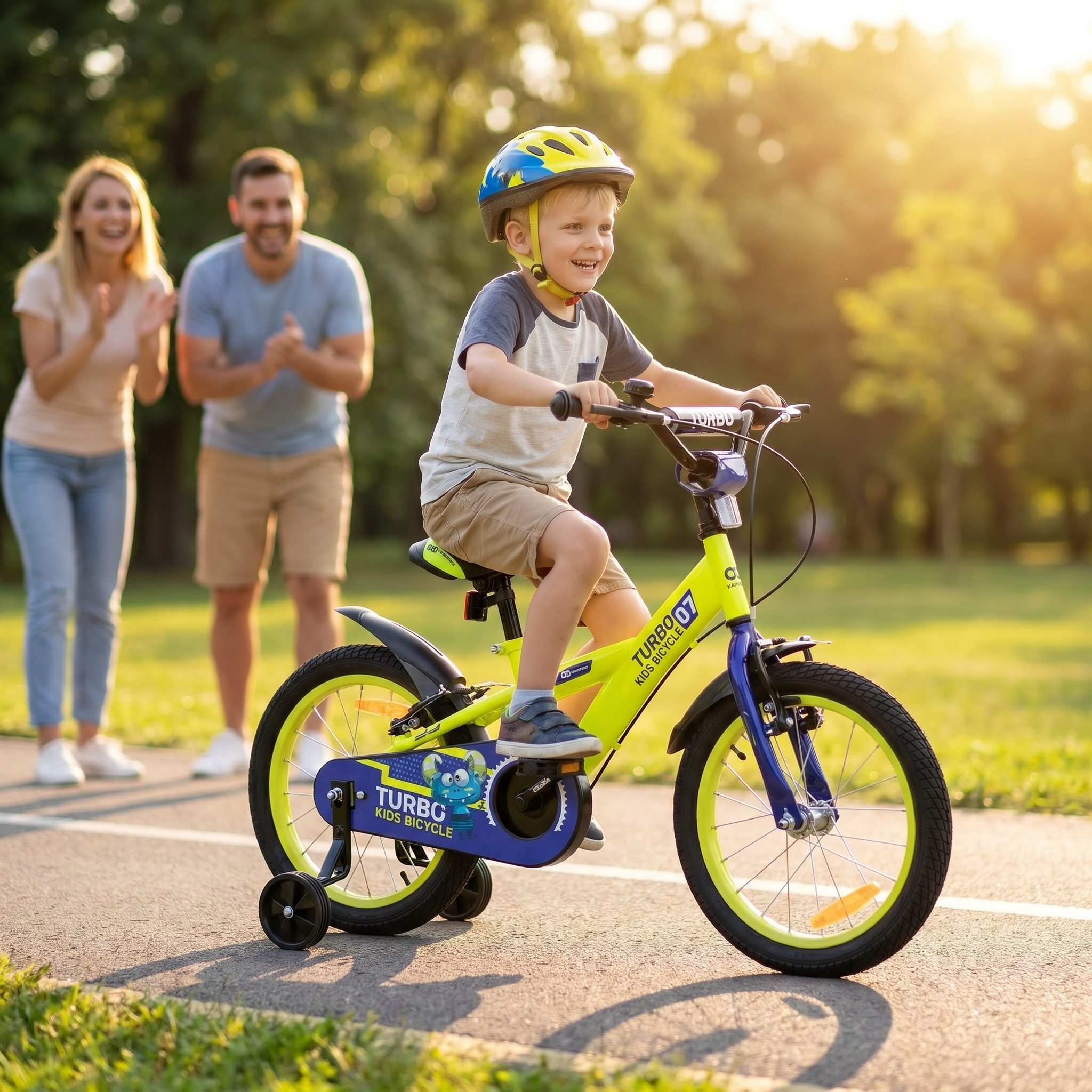 Actionbikes Motors Kinderfahrrad Kinder Fahrrad Turbo mit Stützräder, 1 Gang, ohne Schaltung, (16 Zoll, ab 105 cm Körpergröße, max. Zuladung 40 kg, Reflektoren, Stützräder, Klingel, Antirutschgriffe, Lenkerschutz, Kettenschutz, V-Brake-Bremse, Luftbereifung, Schutzbleche, gelb / blau), höhenverstellbares Bike Jungen Mädchen Kinderrad ab 4 Jahre