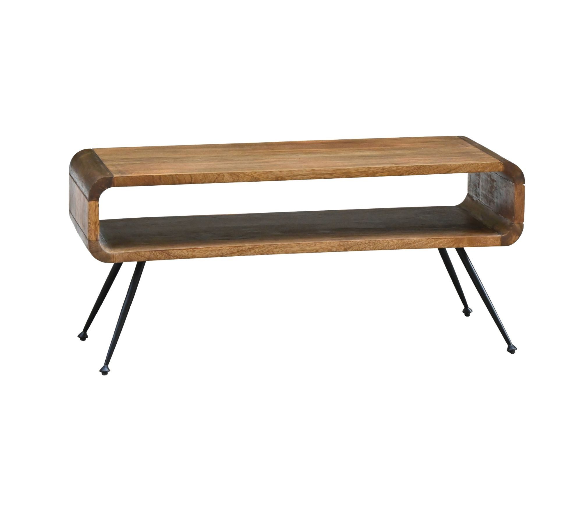 Wohnling Couchtisch WL7.455 Massivholz 105cm Wohnzimmertisch Ablage Beistelltisch Tisch (Längliches Möbelstück im edlen Retro-Stil), Korpus aus Mangoholz auf robustem Metall