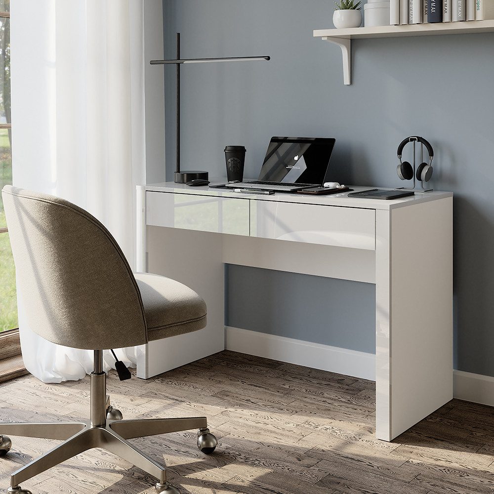 Vicco Schreibtisch Annabelle, Weiß Hochglanz/Weiß, 110 x 50 cm mit 2 Schubladen