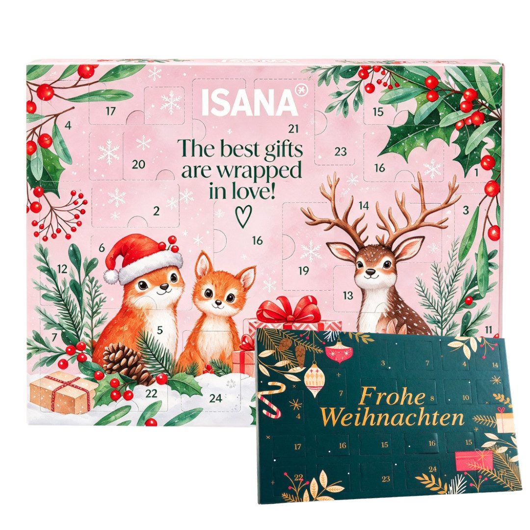 ISANA Kosmetik-Adventskalender 2026 Damen + Isan Tisch Adventskalender 2er set Frauen Beauty & Pflege (Set, 48-tlg), 48 tlg - 24 Pflegeprodukte + 24 Schokoladen Adventskalender - Mädchen