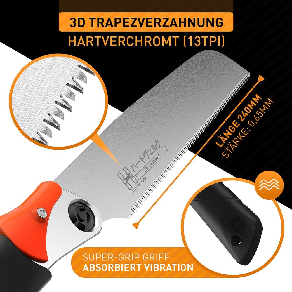 Hardtwerk® Japansäge Zen Kataba 240 mm aus SK4 Karbonstahl, japanische Säge Feinsäge für Holz - Zugsäge Holzsäge