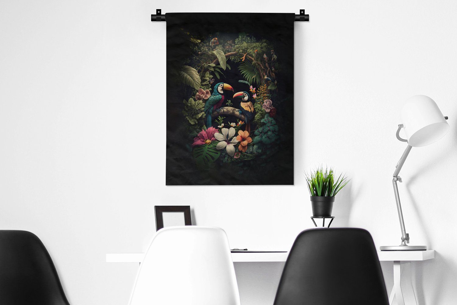 an Deko für Tukan, - Blumen - Pflanzen Schwarz - - der Wanddekoobjekt Wand, Wohnzimmer, Schlafzimmer MuchoWow - Tapisserie, Vogel Dschungel