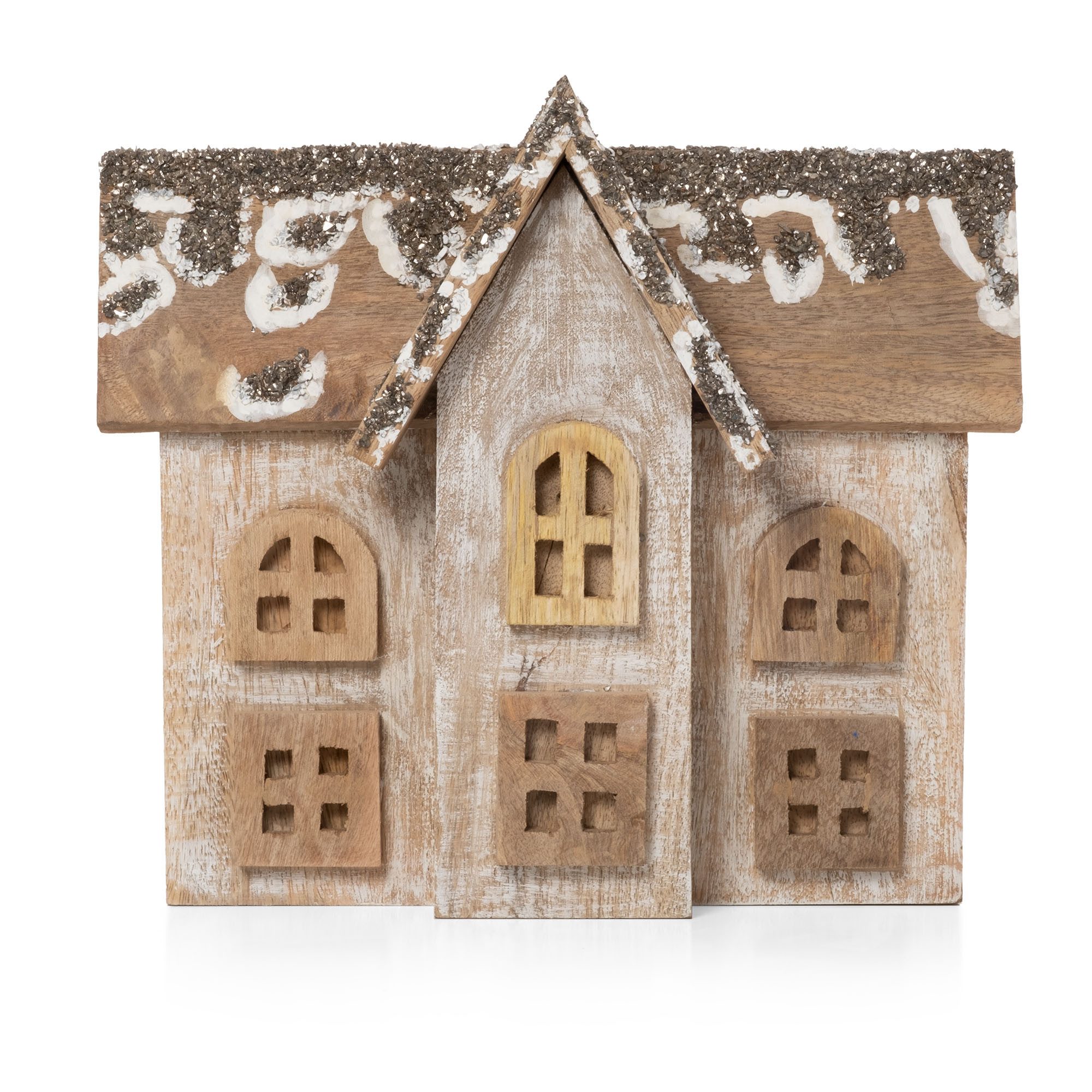 Moritz Skulptur Weihnachtsdeko Holzhaus groß mit Glitzerdach aus Holz 30 x 33 cm, Holz, Tischdeko, Fensterdeko, Wanddeko, Holzdeko, Weihnachtsdeko