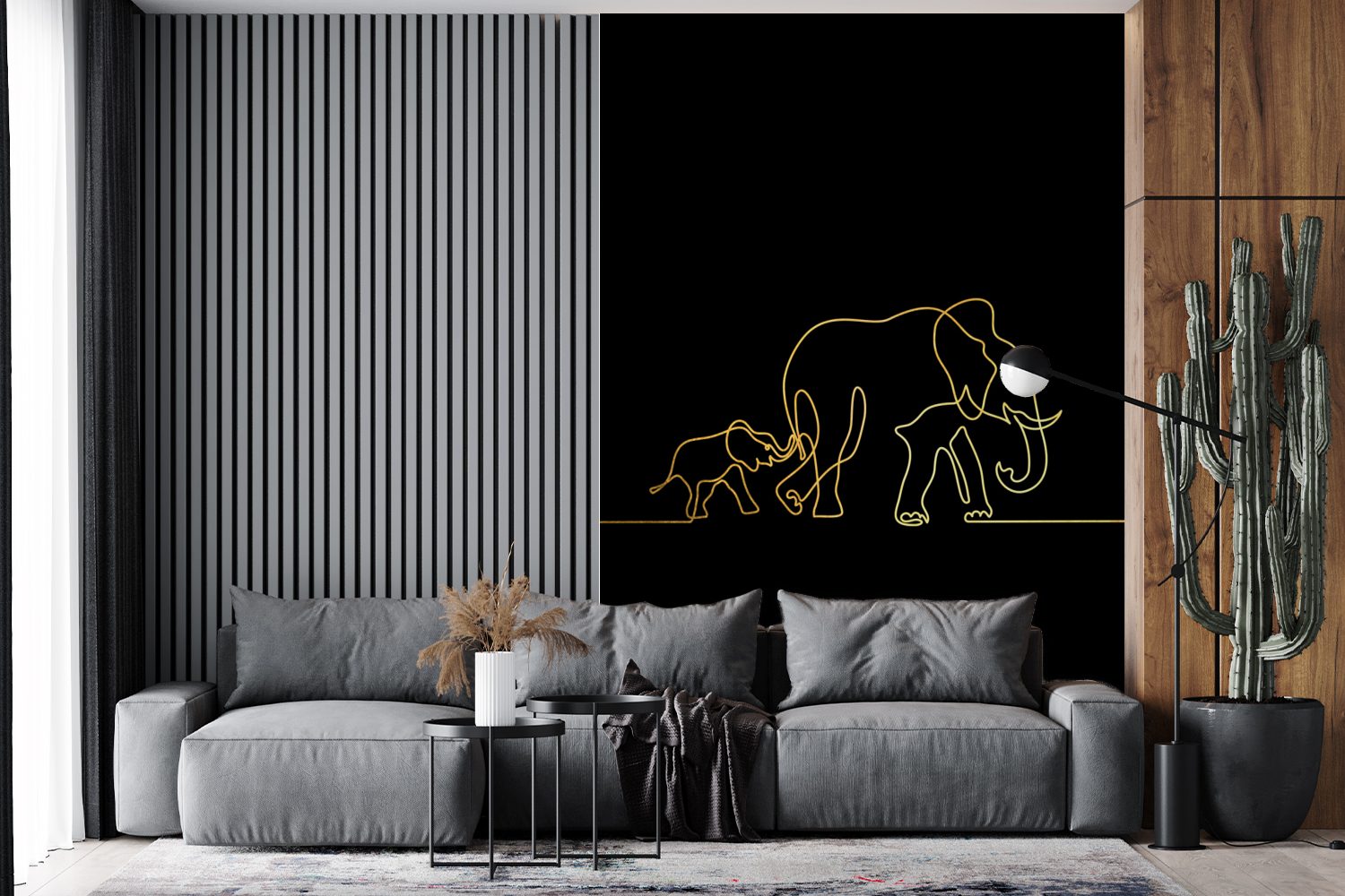 St), Matt, Wandtapete (3 - MuchoWow für Wohnzimmer, bedruckt, Schwarz, Vinyl Elefant - Fototapete Einfach Tapete Montagefertig Gold -