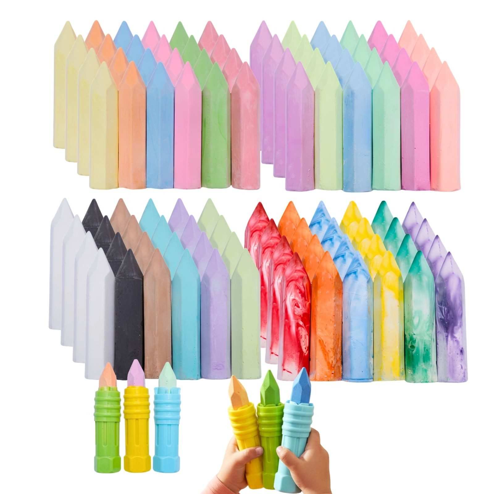 alldoro Malkreide Straßenmalkreide-Set 96er Set mit Neon-, Batik- und Vollfarben, 6 Kreidehalter, Großpackung Straßenkreide für Kita, Schule & Gruppen