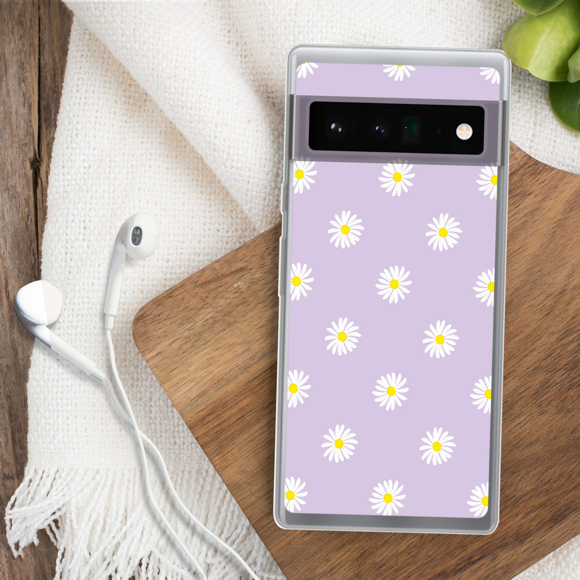 MuchoWow Handyhülle für Google Pixel 6 Pro Gänseblümchen - Pastell - Weiß - Lila - Blumen, Handy Case, Silikon, Bumper Case Dünn