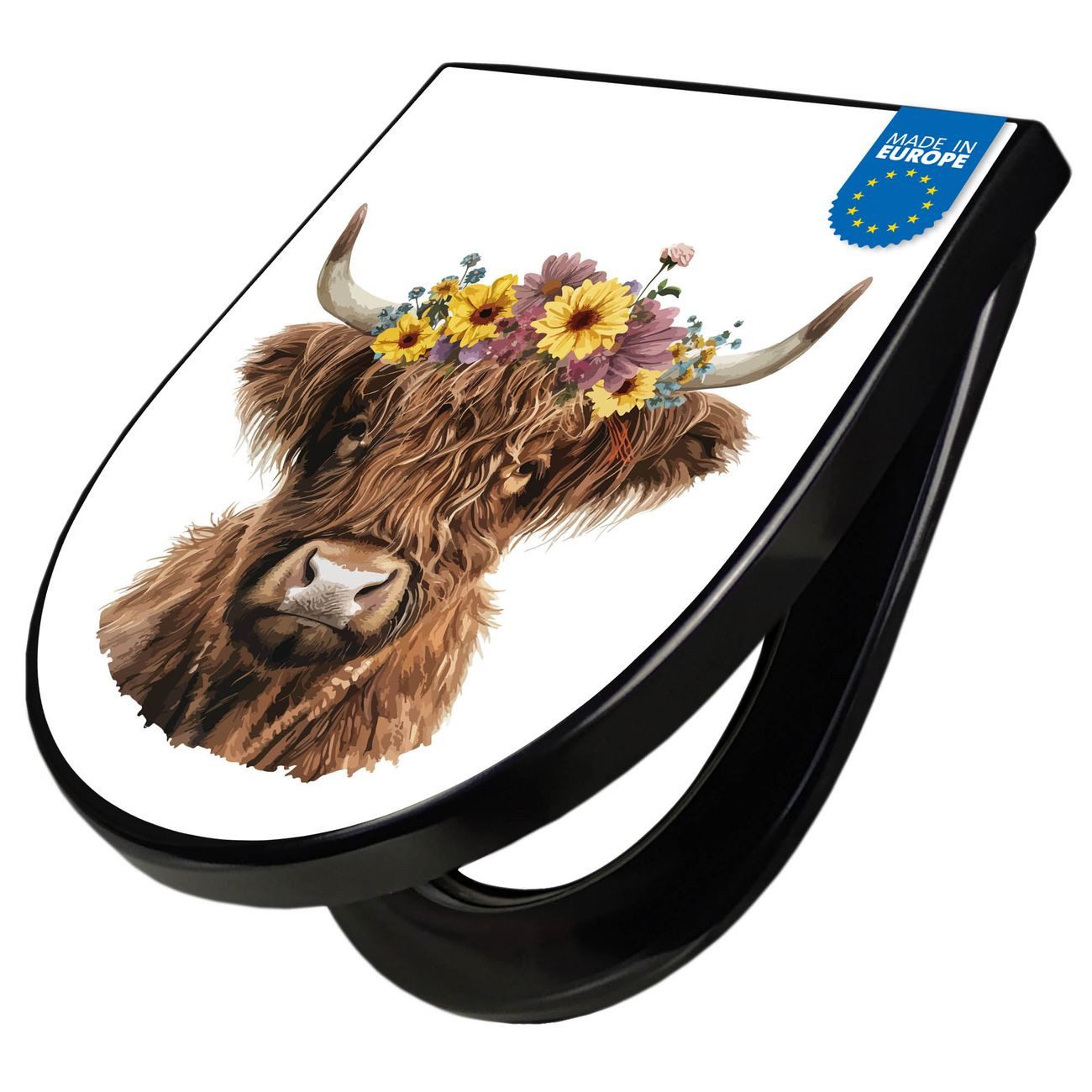 banjado WC-Sitz Premium D-Form mit Absenkautomatik Motiv Hochlandkuh mit Blumenkrone (umweltfreundliches Material, Softclose Absenkautomatik), 45 x 36,4 x 4