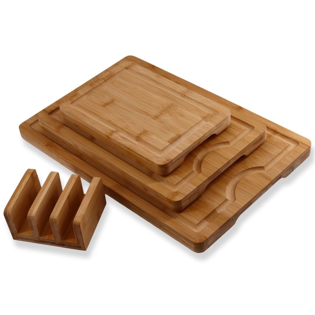 Lacers Schneidebrett Lacers Purpleline Holzschneidebretter in verschiedenen Ausführungen, (4-St), Mit Saftrille, rutschfeste Füße, Schneidebrett im Set mit Halterung