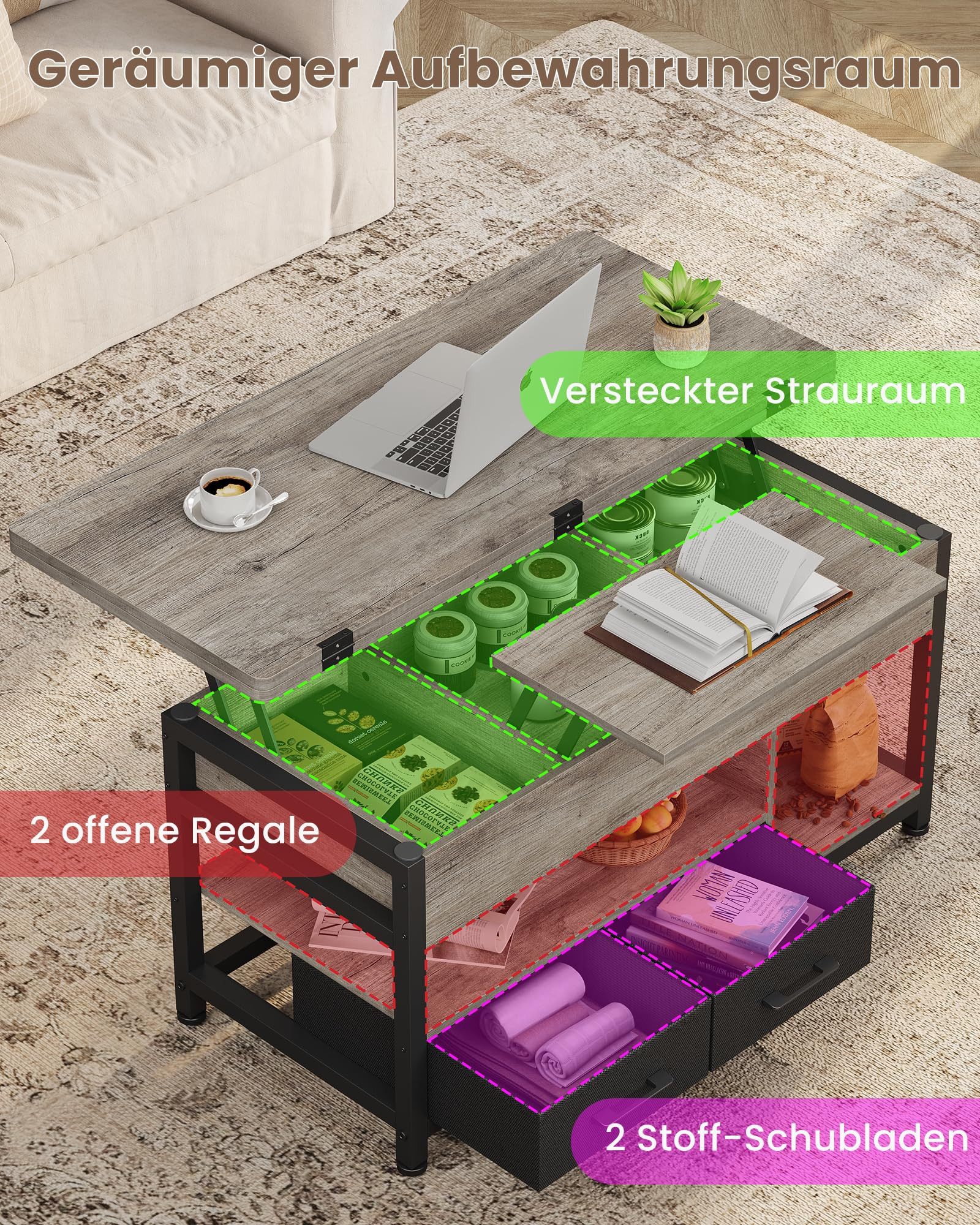 MSMASK Couchtisch 3-in-1-Multifunktions-Wohnzimmertisch mit 2 Schubladen, Kaffeetisch, Versteckte Aufbewahrung, 50T x 100B x 50H cm – Bild 4 von 5