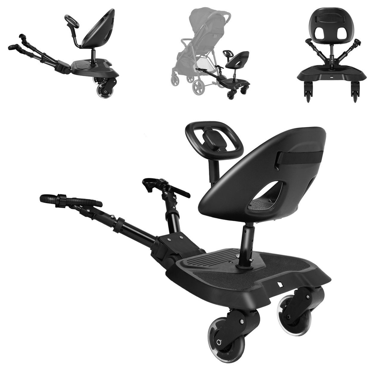 Kikkaboo Kinderwagenaufsatz Trittbrett Ally mit Sitz, Mitfahrbrett, 360° drehbar, universell passend, 2-Punkt-Gurt, Lenkrad