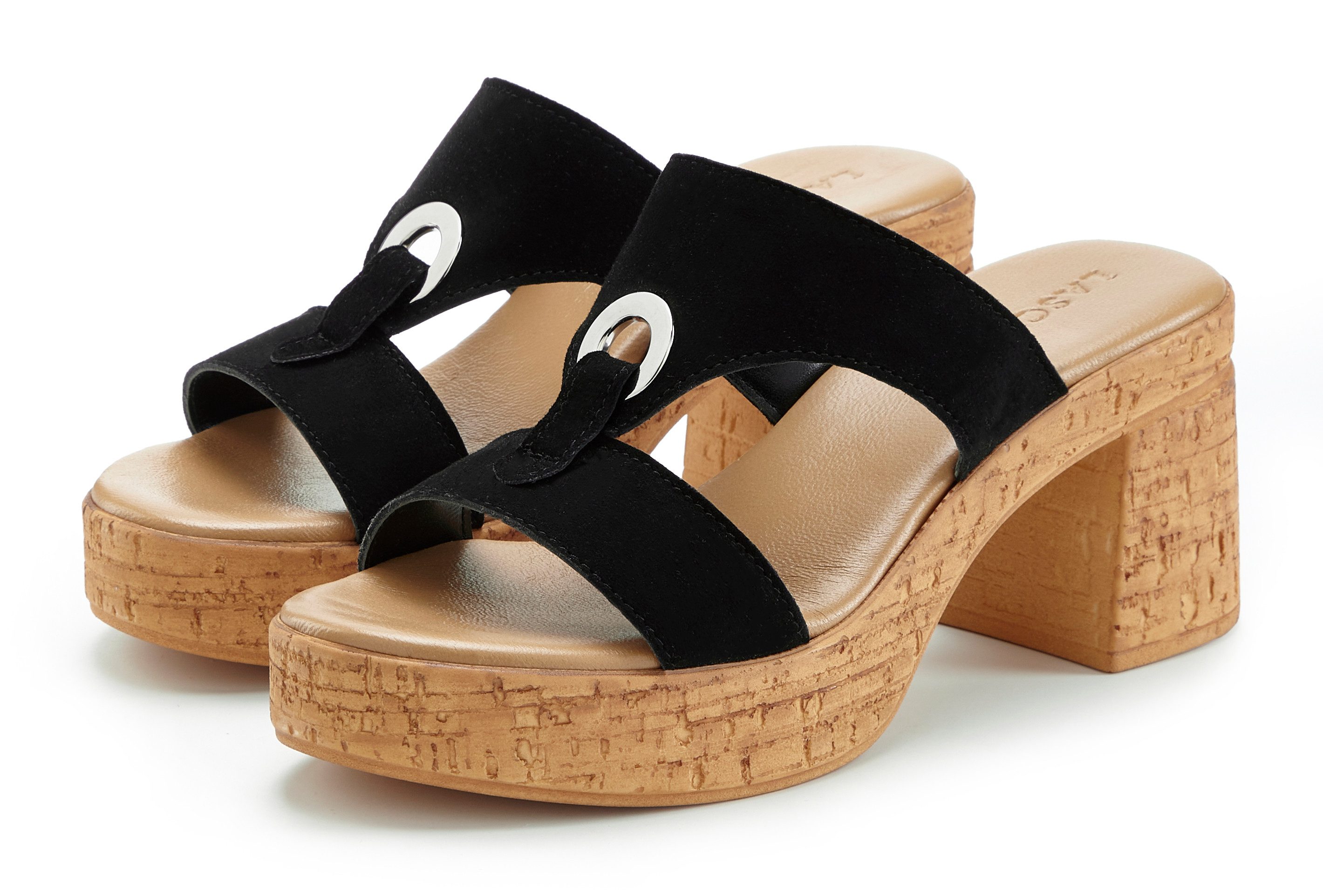 LASCANA Sandale, Mule, offener Schuh, Sommerschuh, Pantolette aus Leder mit Blockabsatz in Kork-Optik
