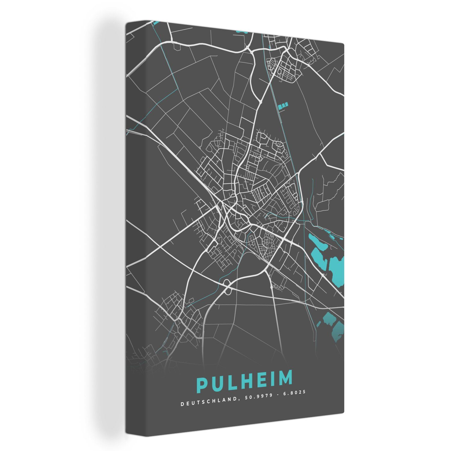 OneMillionCanvasses® Leinwandbild Karte - Stadtplan - Pulheim - Deutschland - Blau, (1 St), Leinwandbild fertig bespannt inkl. Zackenaufhänger, Gemälde, 20x30 cm
