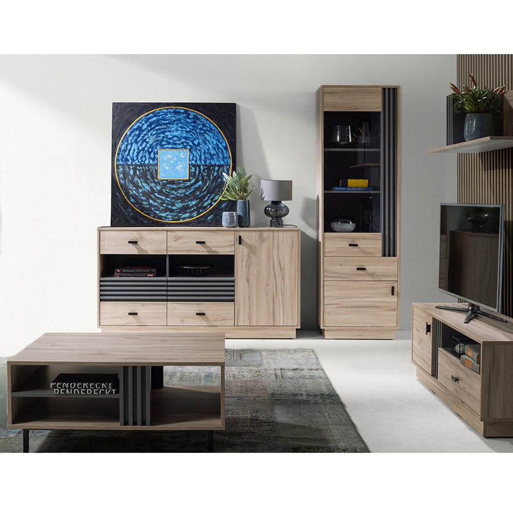 Lomadox Wohnzimmer-Set ANTIGUA-133, (Mega-Spar-Set, 5-St., Vitrine Sideboard Lowboard Wandregal Couchtisch), in Eiche mit anthrazitfarbenen Details, viel Stauraum