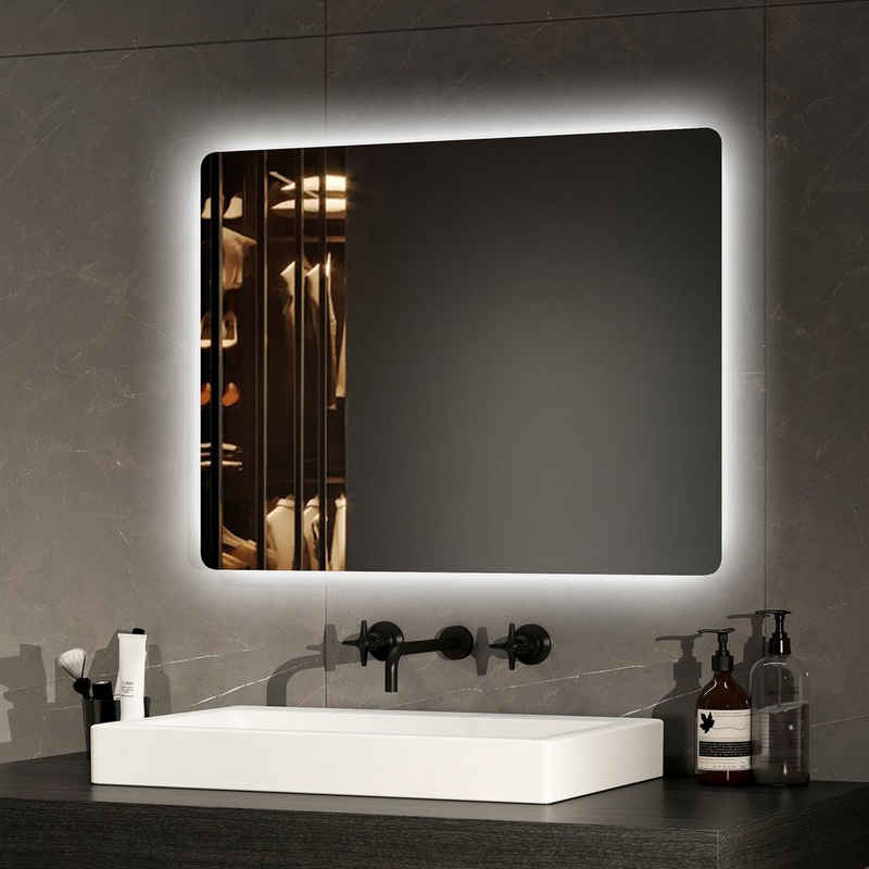 EMKE Badspiegel LED-Lichtspiegel Wandspiegel mit Beleuchtung und Beschlagfrei, 2 Farben des Lichts, Druckknopfschalter,Energiesparend,60x45 cm
