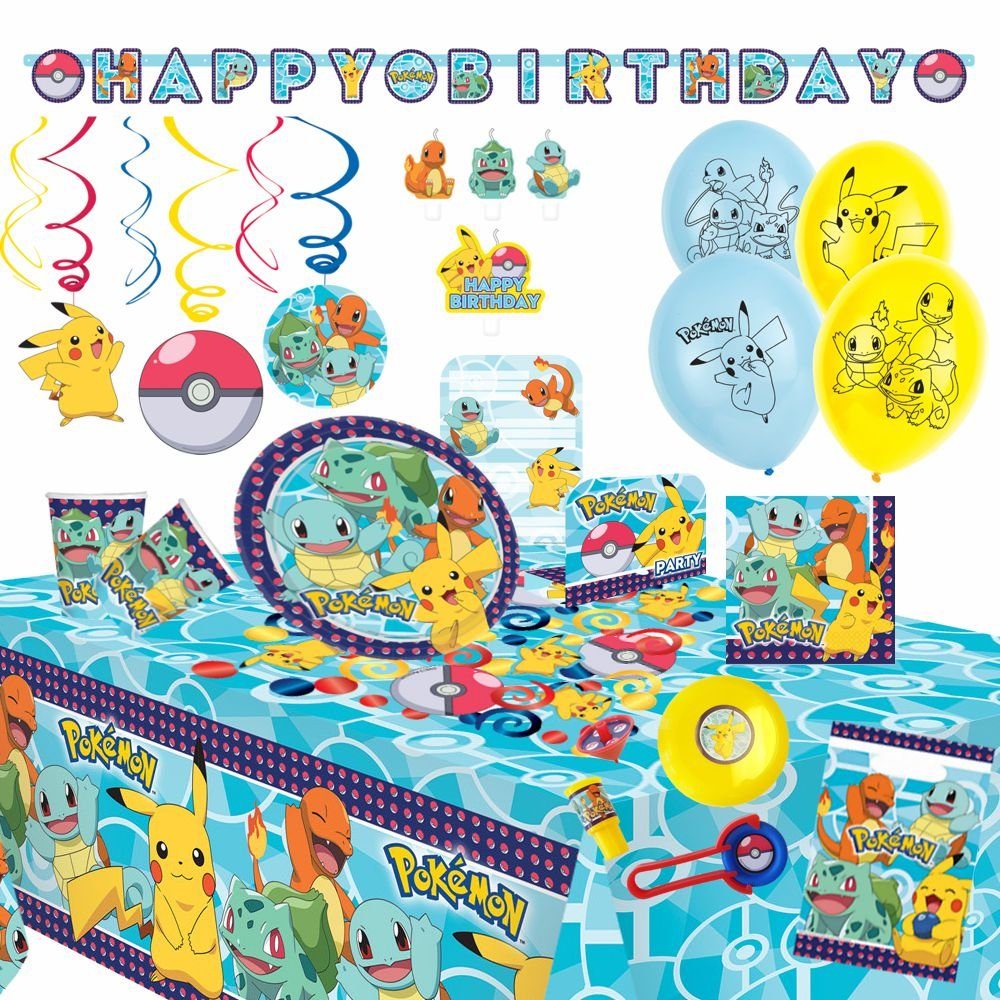 Party Fun Einweggeschirr-Set XXL Party Set 91-teilig Pokemon für 8 Personen Kinder Geburtstag | Einweggeschirr-Sets