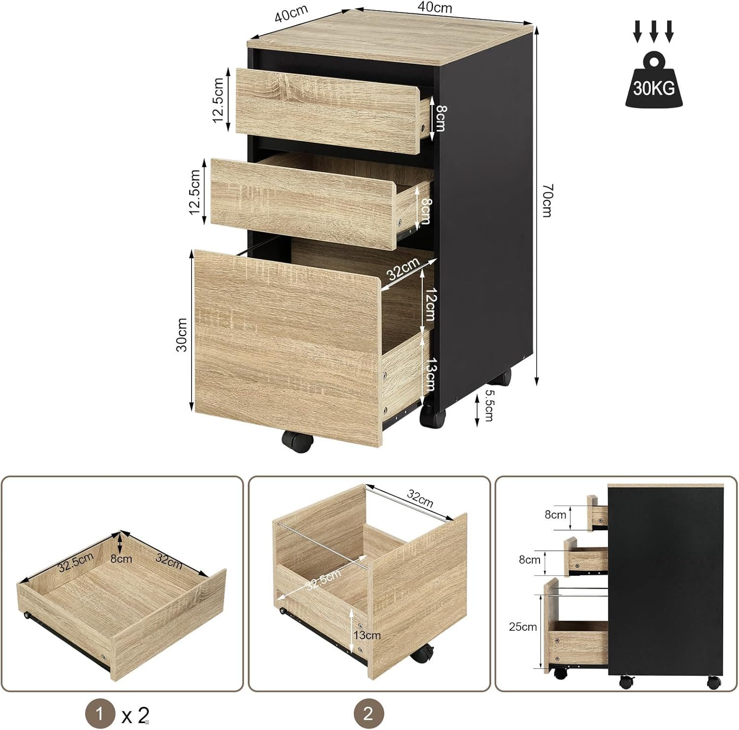 Woltu Aktenschrank (1-St) mobiler Schrank, Rollcontainer mit 3 Schubladen
