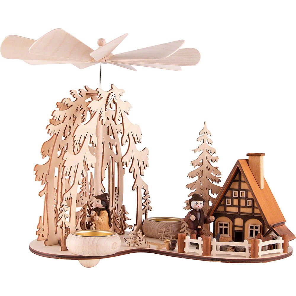 RATAGS Kunsthandwerk Weihnachtspyramide 1-stöckige Pyramide Waldlichtung mit Räucherhaus und Waldleuten (24cm)