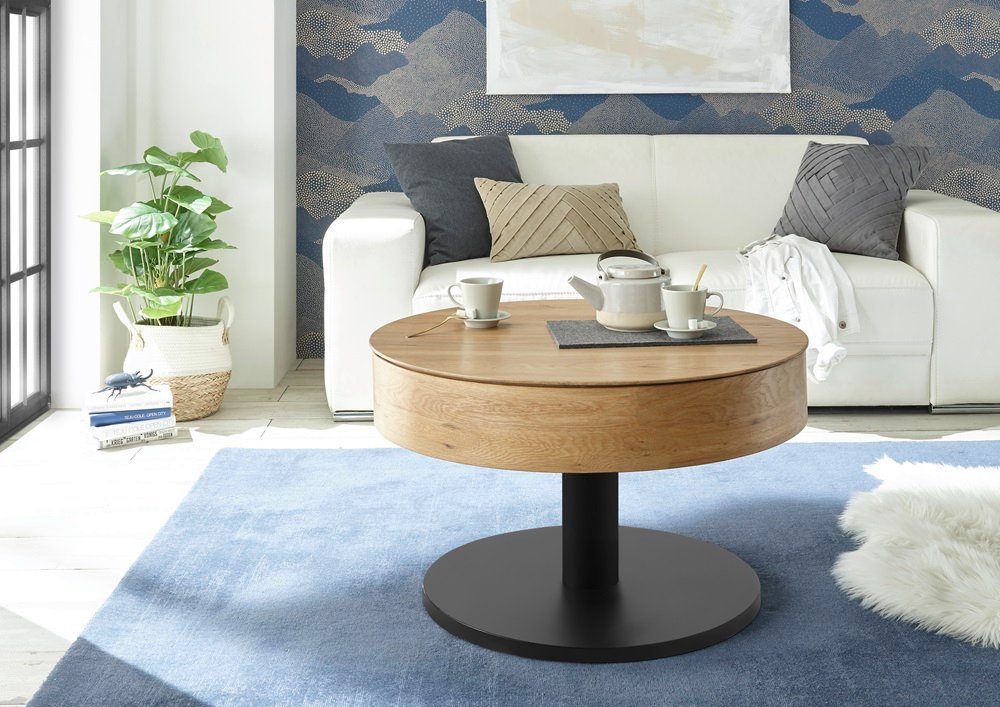 MCA furniture Couchtisch TANGER Ø 78 cm, Asteiche/Schwarz, Liftfunktion, Stauraum (no-Set), Breite 78 cm,Tischplatte aus Holzwerkstoff