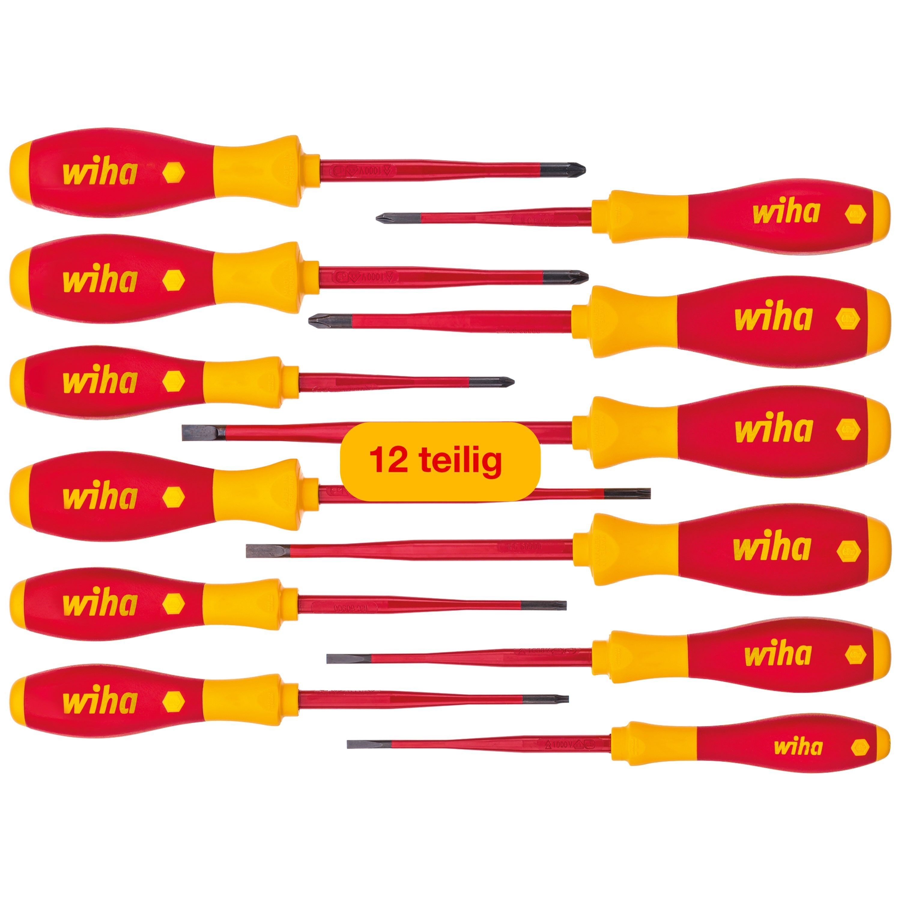 Wiha Schraubendreher Profi (41003) - 12 tlg., (12 St), VDE, mit dünner Spitze Schlitz, Kreuz, Kreuzschlitz, Torx, Plusminus