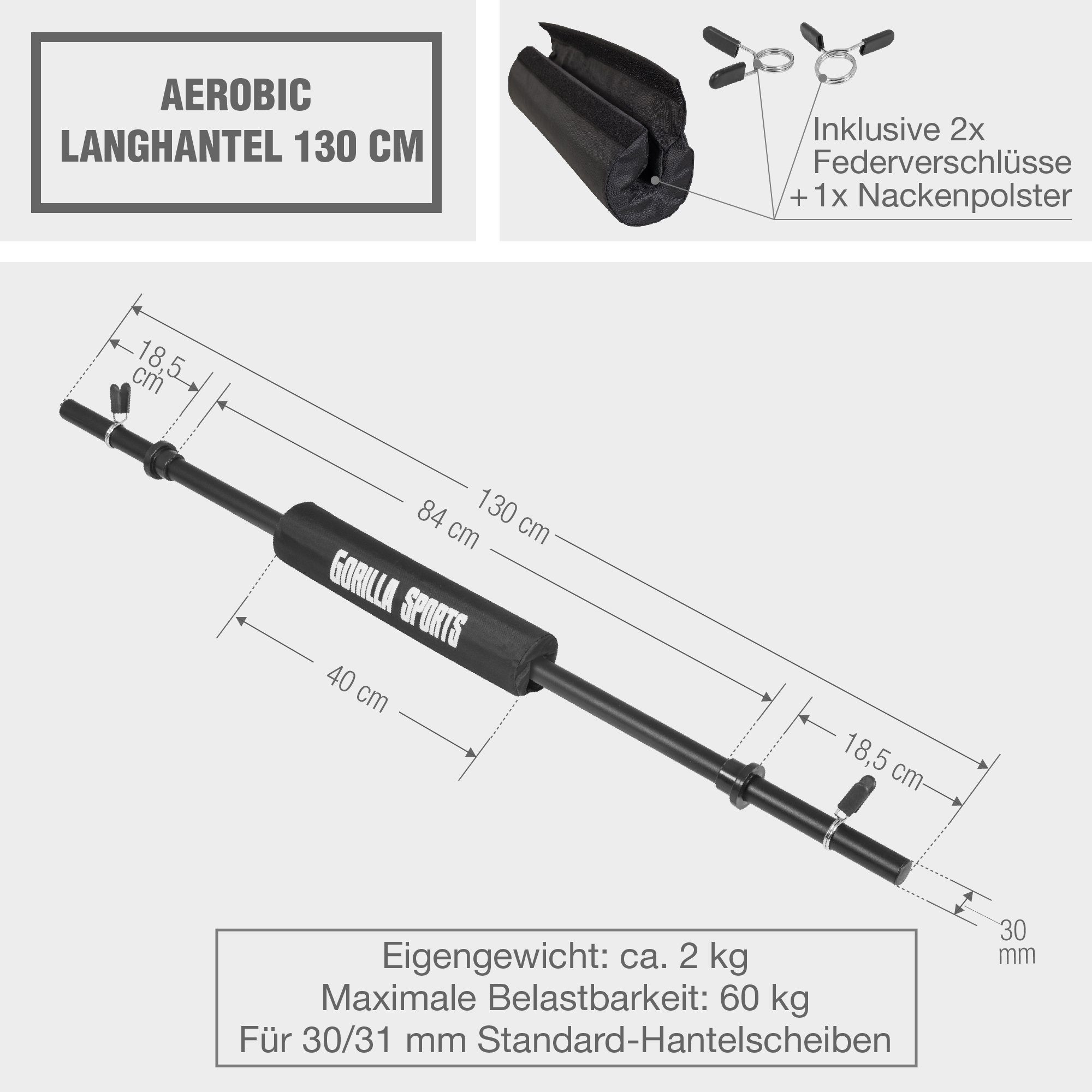 Nackenpolster, (1-tlg) SPORTS 30mm, Langhantelstange Aerobic, Hantelstange, 130 GORILLA mit cm, Kunststoff,