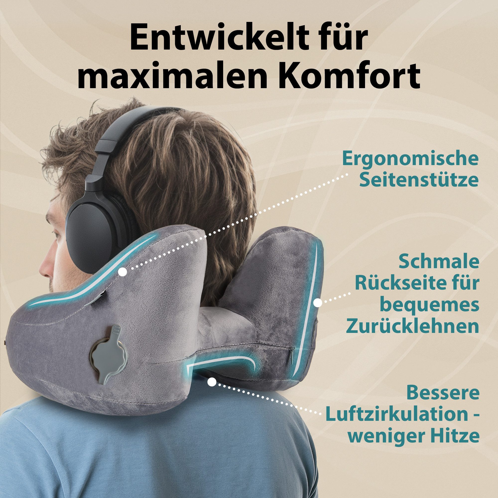 FLOWZOOM Nackenhörnchen AIR Nackenkissen aufblasbar – Reisekissen Flugzeug & Auto, Nackenhörnchen für Erwachsene - Reisekissen aufblasbar