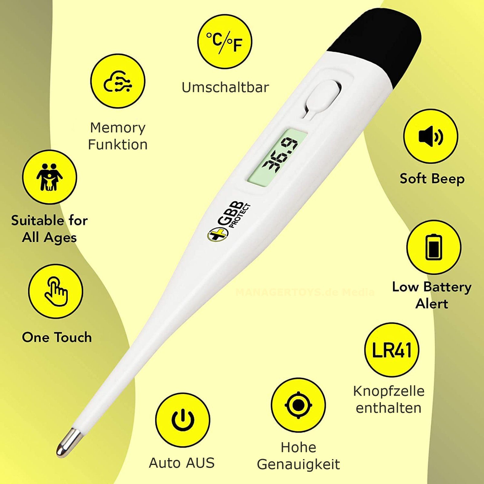 GBB PROTECT Fieberthermometer Digitales Fieber Thermometer LCD Display + Batterie