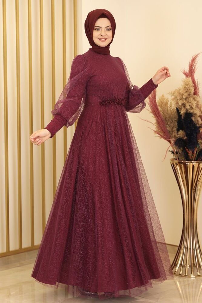 Modavitrini Abendkleid langärmliges Hijab Kleid Bordeauxrot Tüllkleid Abiye silbriges Abaya Maxikleid