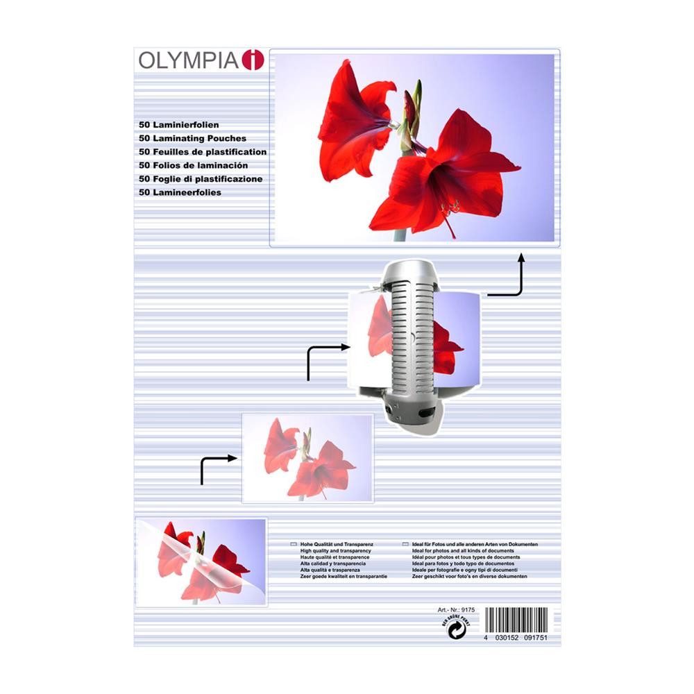 Olympia Laminierfolie DIN A3 - 50 x 80 MIC, DIN A3, 80 µm, 50 St., Reißfest, knickfest, feuchtigkeitsbeständig, farblos, transparent