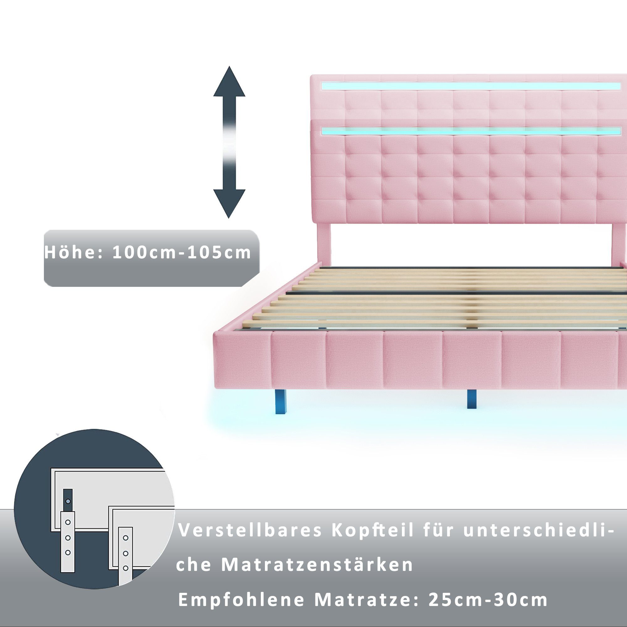 Polsterbett (LED Doppelbett), mit USB Ladefunktion und höhenverstellbarem Kopfteil 140x200cm, Leinen