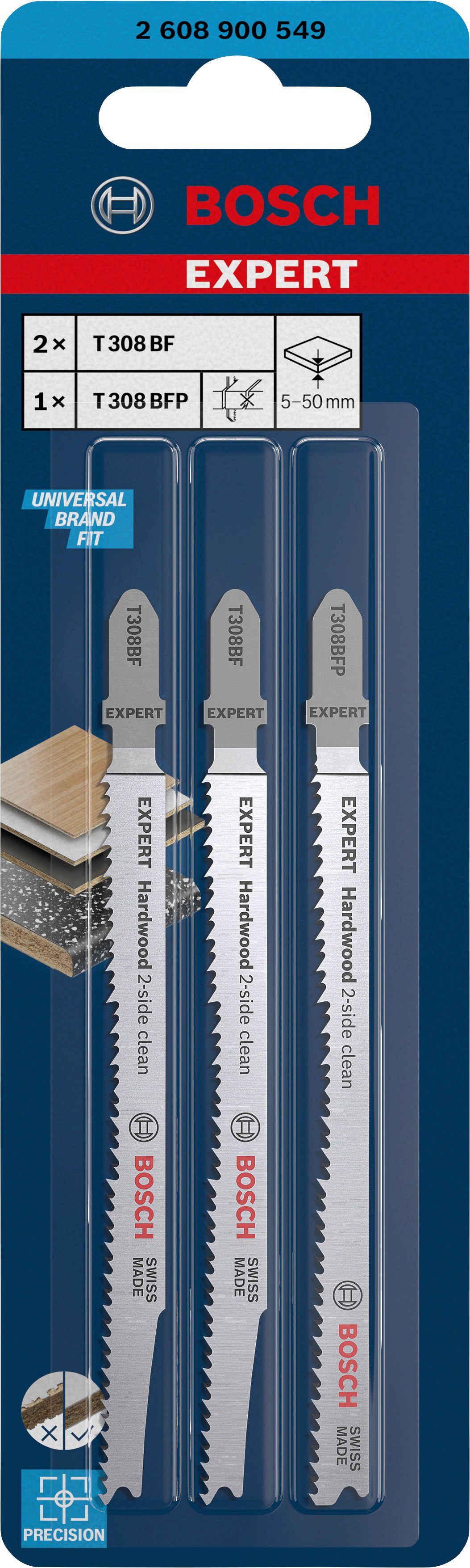 Bosch Professional Stichsägeblatt EXPERT Hardwood 3-St), clean (Set, 2-side T308BF/BFP