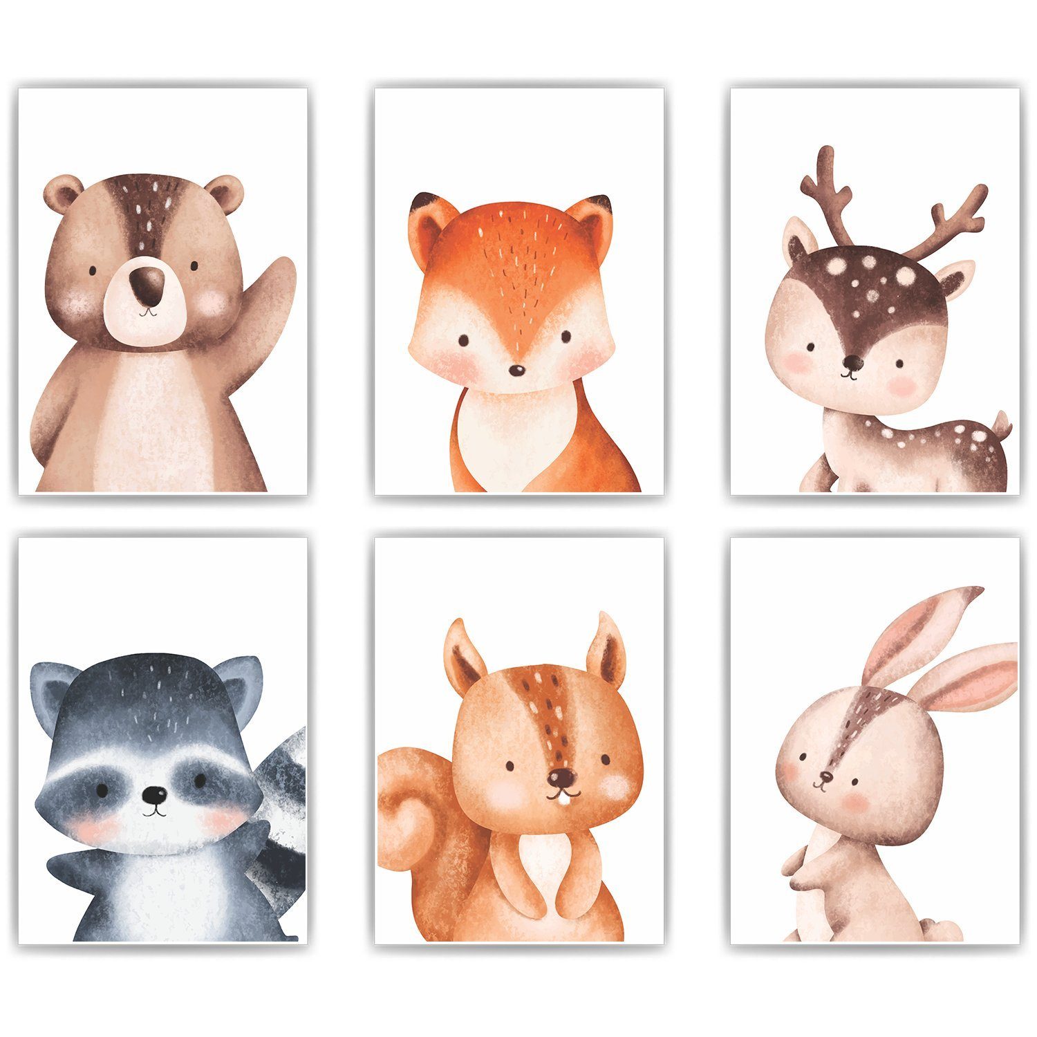 Poster Waldtiere 6er Set Kinderzimmer Wandbilder Waschbär Eichhörnchen Hase