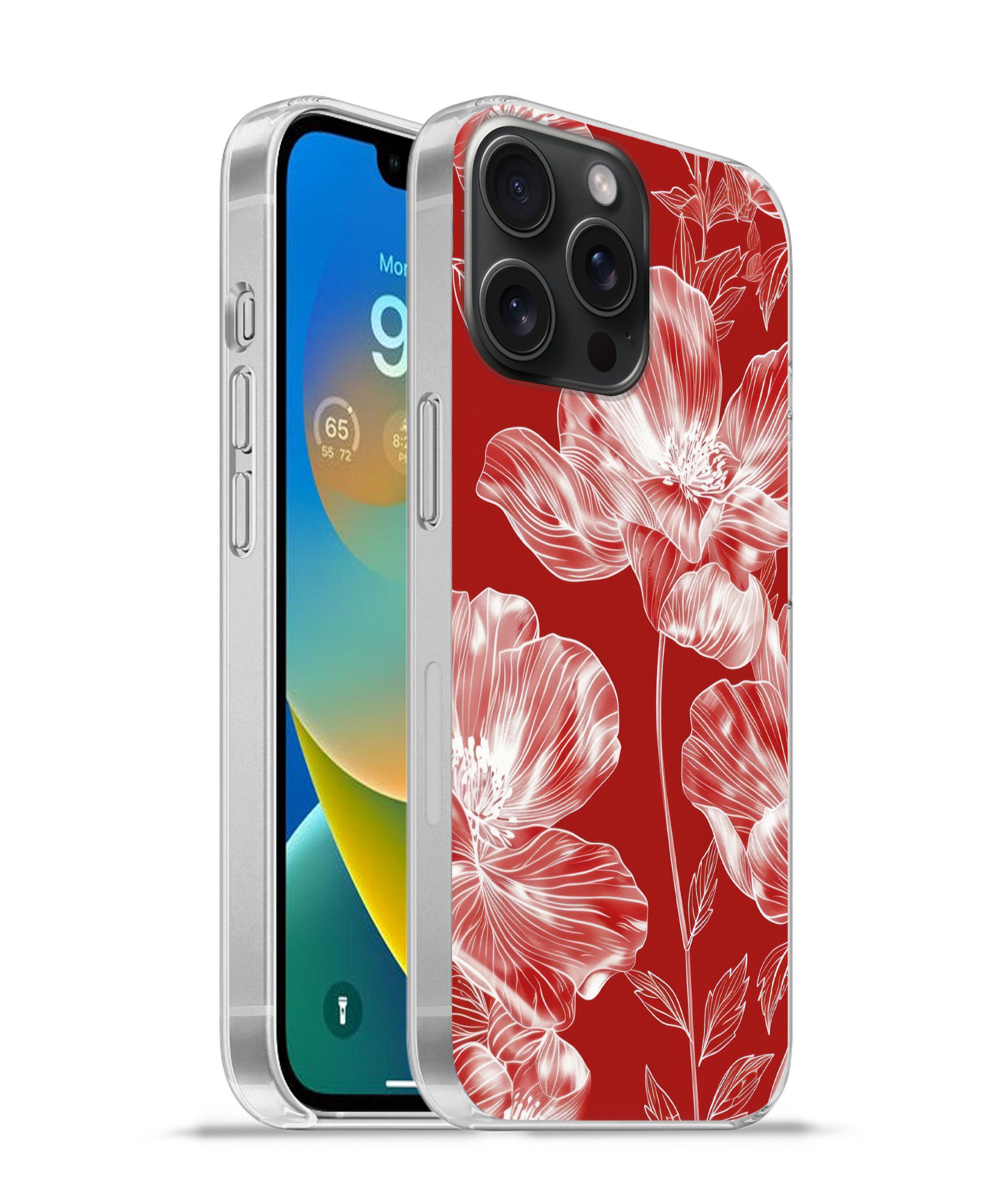 MuchoWow Handyhülle für Apple iPhone 15 Pro Max Blumen - Muster - Rot - Weiß, Smartphone-Bumper, Print, Handy Schutzhülle Dünn