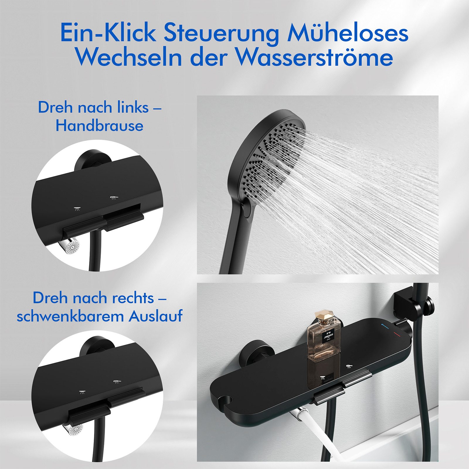 DESFAU Brausegarnitur Badewannenarmatur mit Ablage 370 mm und 3-Funktions-Handbrause – Bild 4 von 5