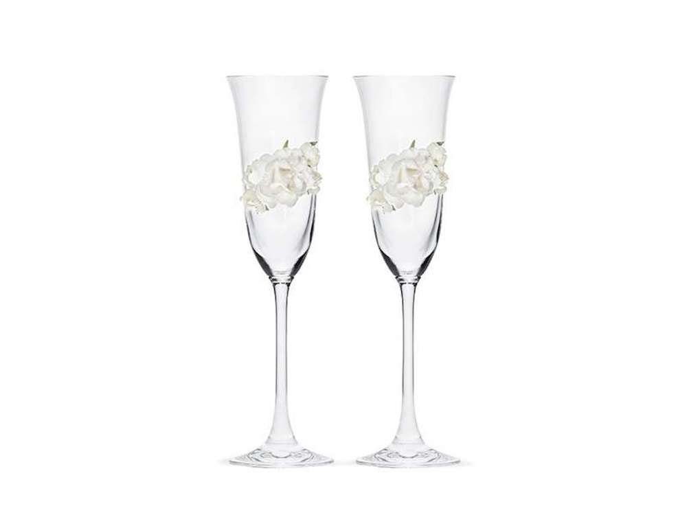 partydeco Bastelperlen 2 Champagner Gläser mit weißen Blumen und Glitzer